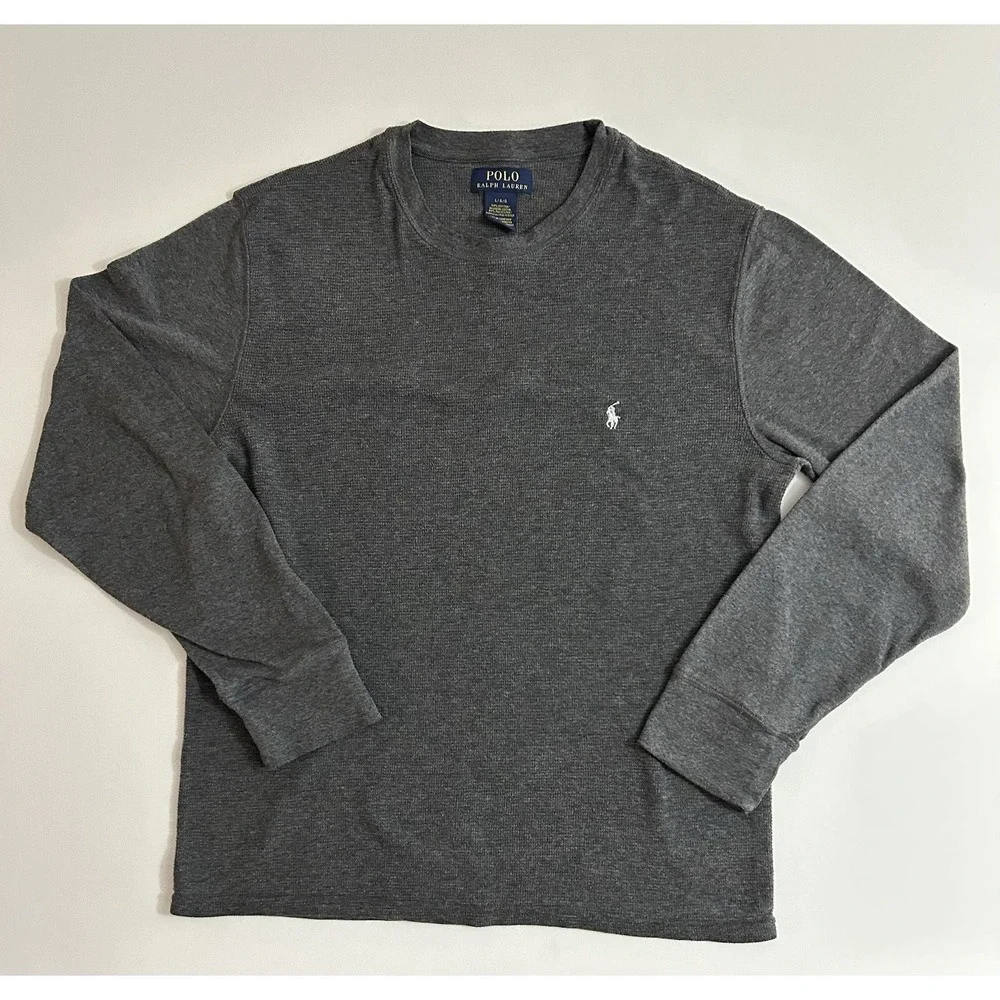 Polo Ralph Lauren Waffle Knit Thermal Crewneck Cotton Long Sleeve Shirt Grey L